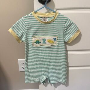 Striped Green and Yellow Kids Bodysuit with Dinosaur Design
